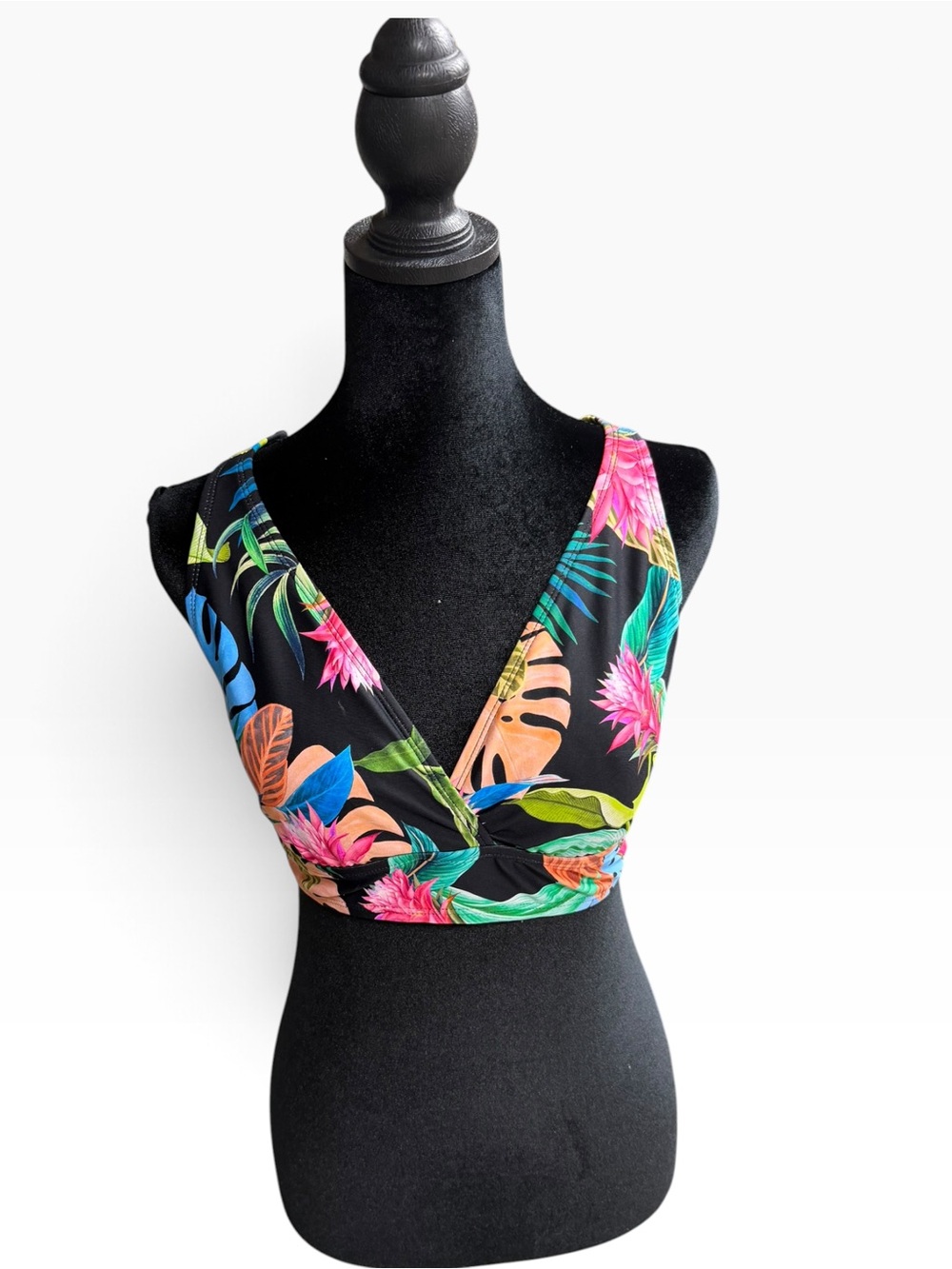 Tropical Floral V-Neck Women’s bikini top- Black Multicolor